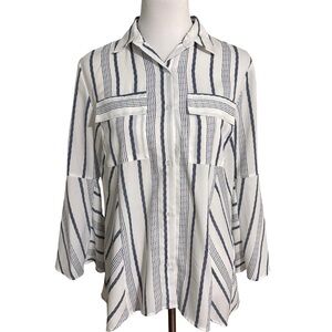 Jones New York Blue White Striped Button Down Bell Sleeve Shirt